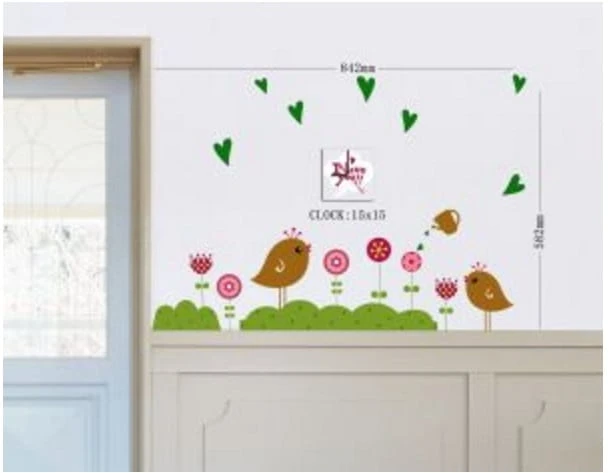ZEGAR ŚCIENNY NAKLEJKA KWIATKI PTAKI PTASZKI SERCA DIY ŚCIANĘ 2