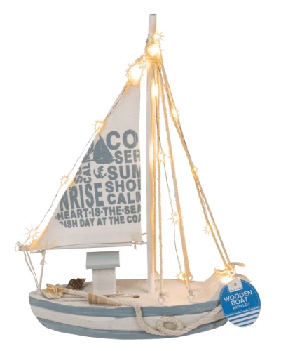Drewniana łódź żaglowa z LED - dekoracja marynistyczna i prezent retro  (1).webp