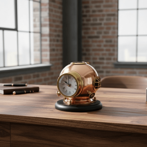 Zegar biurkowy hełm nurka mosiężny - marynistyczna dekoracja vintage  (2).png