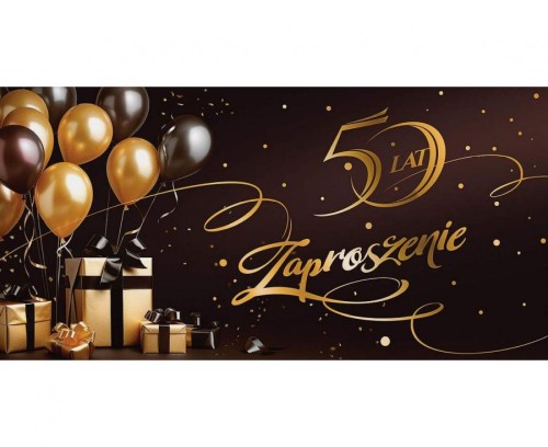 Zaproszenie na 50 Urodziny, Balony, prezenty, 17x8,5 cm, 10 szt.