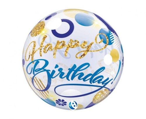 Balon Takara BUBBLE BALLOON Birthday Blue & Gold Dots, 22"