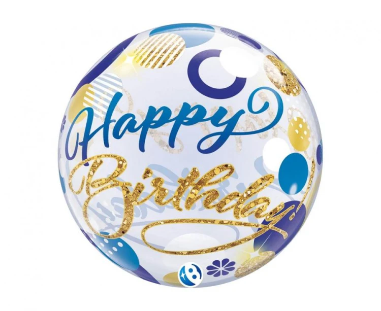 Balon Takara BUBBLE BALLOON Birthday Blue & Gold Dots, 22"