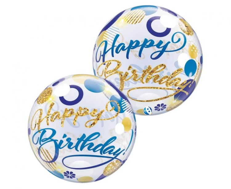 Balon Takara BUBBLE BALLOON Birthday Blue & Gold Dots, 22"