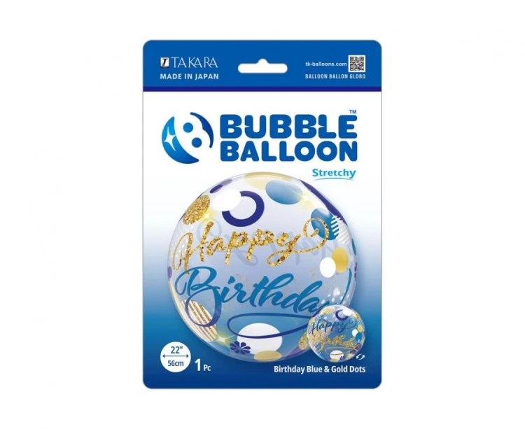 Balon Takara BUBBLE BALLOON Birthday Blue & Gold Dots, 22"