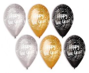 Balony Premium "Happy New Year", złote, srebrne, czarne, 12"/ 25 szt.