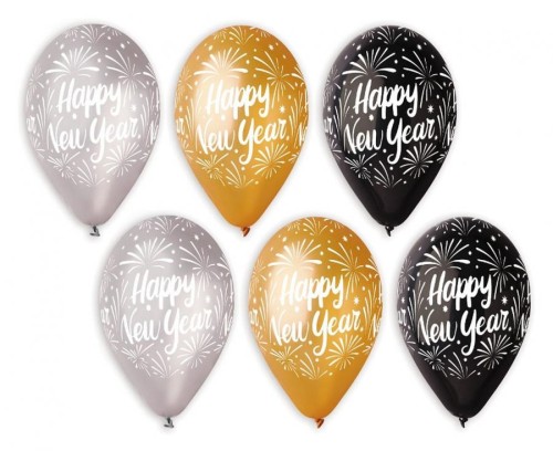 Balony Premium "Happy New Year", złote, srebrne, czarne, 12"/ 25 szt.