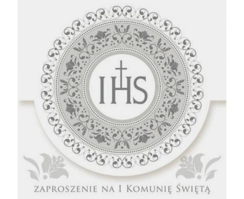 Zaproszenia na Pierwszą Komunię Świętą srebrne IHS Polmak - komplet 10 szt.