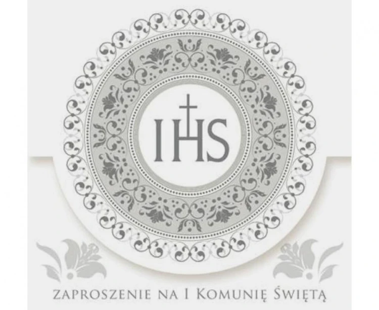 Zaproszenia na Pierwszą Komunię Świętą srebrne IHS Polmak - komplet 10 szt.