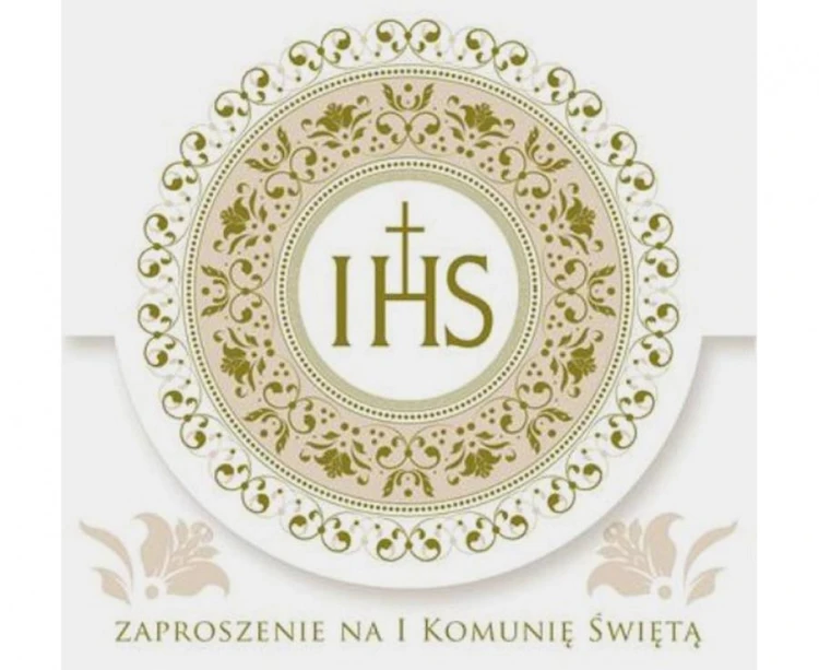 Zaproszenia na Pierwszą Komunię Świętą złote IHS Polmak - komplet 10 szt.