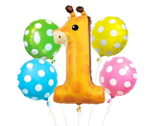 Balony foliowe - zestaw Żyrafa cyfra 1, 5 szt.