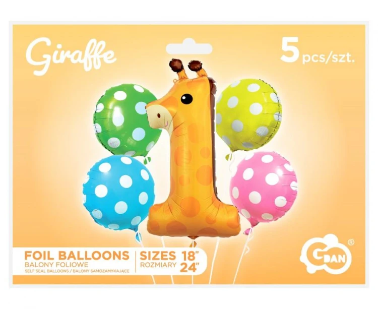 Balony foliowe - zestaw Żyrafa cyfra 1, 5 szt.
