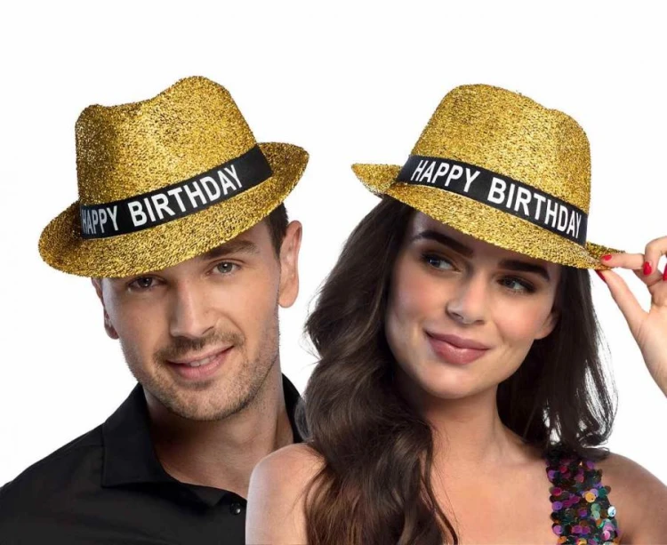 Kapelusz Happy Birthday złoty - świecący kapelusz urodzinowy