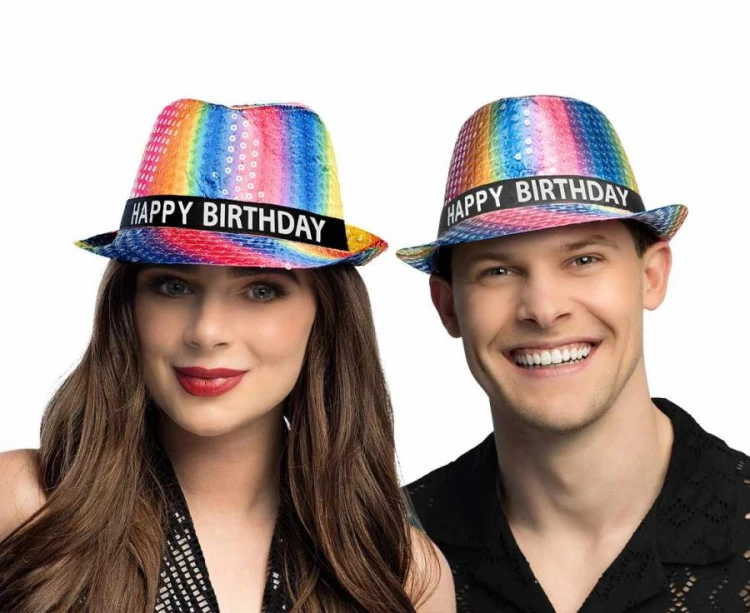 Kapelusz Happy Birthday błyszczący - tęczowy kapelusz na urodziny Boland