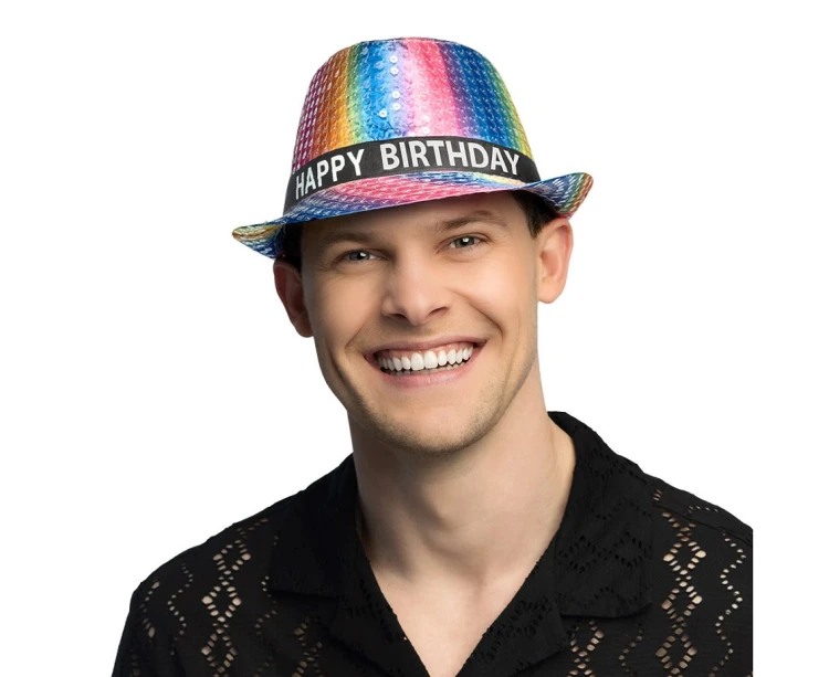 Kapelusz Happy Birthday błyszczący - tęczowy kapelusz na urodziny Boland