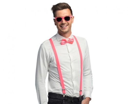 Różowy zestaw imprezowy męski - szelki mucha okulary Boland neon