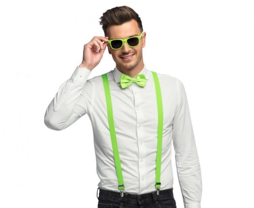 Zielony zestaw imprezowy męski - szelki mucha okulary Boland neon