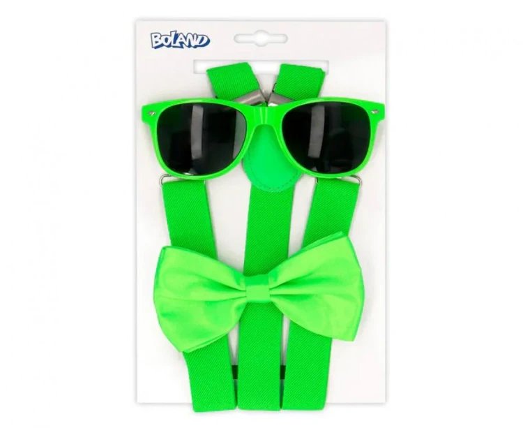 Zielony zestaw imprezowy męski - szelki mucha okulary Boland neon
