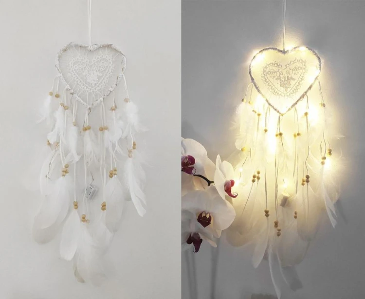 Świecący łapacz snów boho serce lampki LED 13cm - ozdoba ścienna