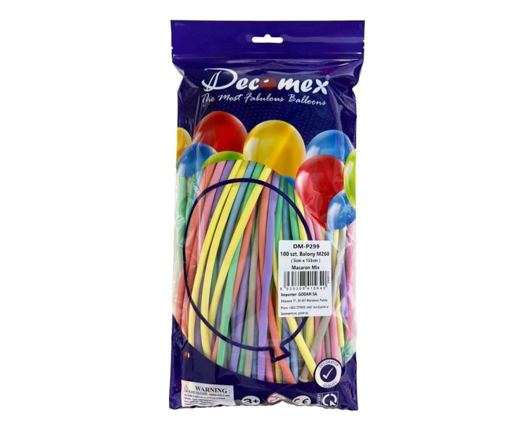 Balony Decomex, M260 makaronowe mix, 100 szt.