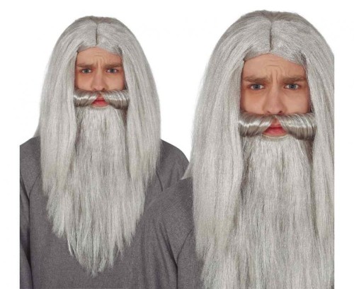 Peruka Męska Czarownik Wizard Gandalf - Siwe Długie Włosy Broda