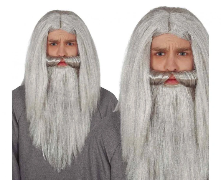 Peruka Męska Czarownik Wizard Gandalf - Siwe Długie Włosy Broda