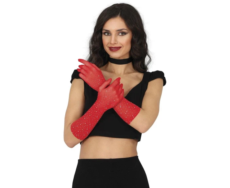 Rękawiczki Siatkowe Z Cyrkoniami 30 cm Czerwone Błyszczące Party