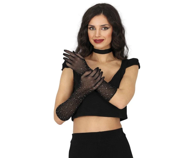 Rękawiczki 30 cm Czarne Z Diamencikami Błyszczące Elegancja Part