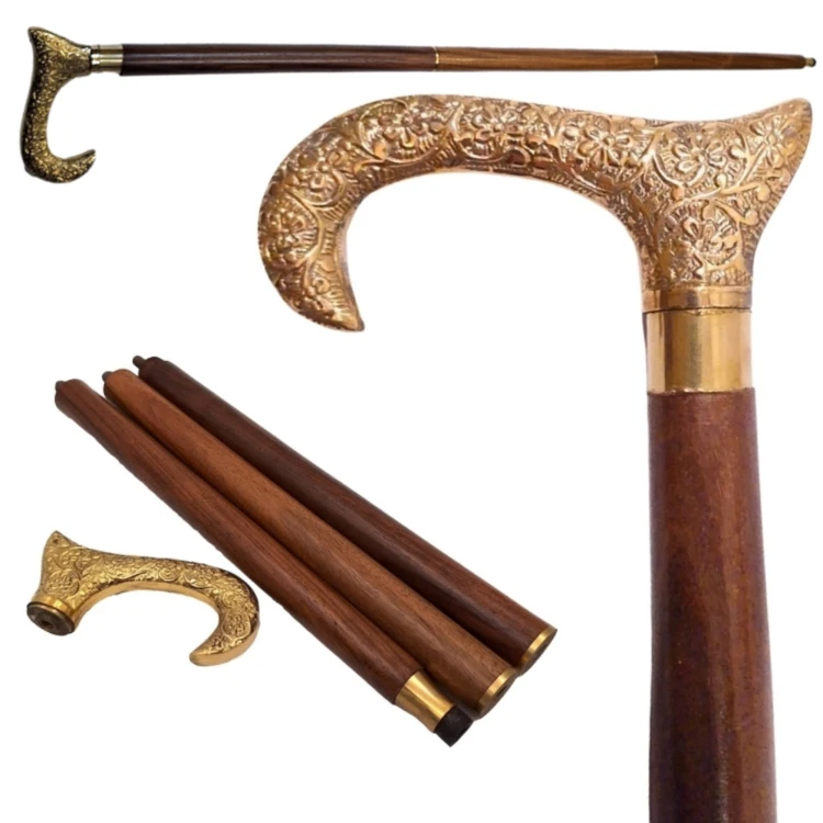 Drewniana Składana Laska ze Złotą Rączką – Klasyczna Elegancja i Styl.png