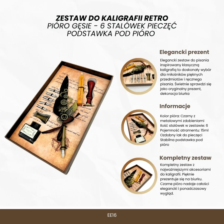 Zestaw do kaligrafii z czarnym piórem - pieczęć, lak i 6 stalówek  (3).jpg
