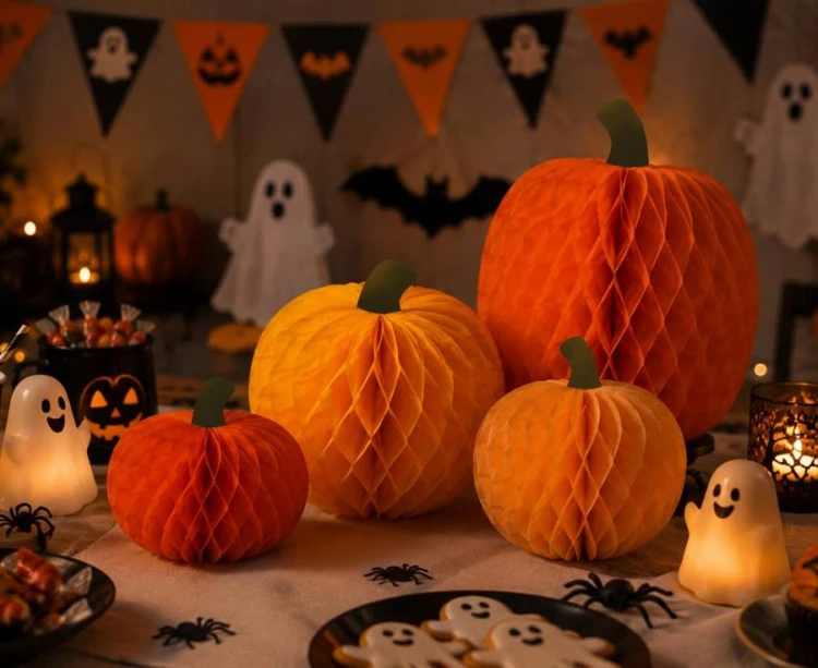 Zestaw rozet papierowych Dynie 4 szt. - Dekoracje na Halloween