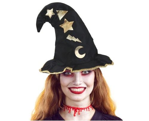 Czarny kapelusz czarownicy w gwiazdki - Kapelusz na Halloween
