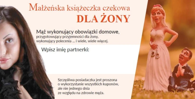 MAŁŻEŃSKA KSIĄŻECZKA CZEKOWA DLA ŻONY ZADANIA GRA
