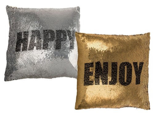DEKORACYJNA PODUSZKA SREBRNO-ZŁOTA ENJOY HAPPY