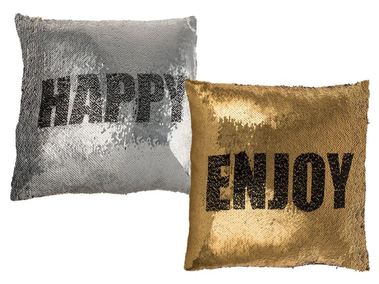 DEKORACYJNA PODUSZKA SREBRNO-ZŁOTA ENJOY HAPPY