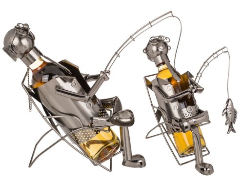 Metalowy STOJAK NA WINO wędkarz WĘDKA RYBA BUTELKĘ .jpg