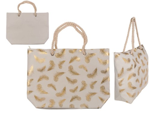 TORBA NA ZAKUPY SHOPER złote pióra beżowa STYLOWA .jpg