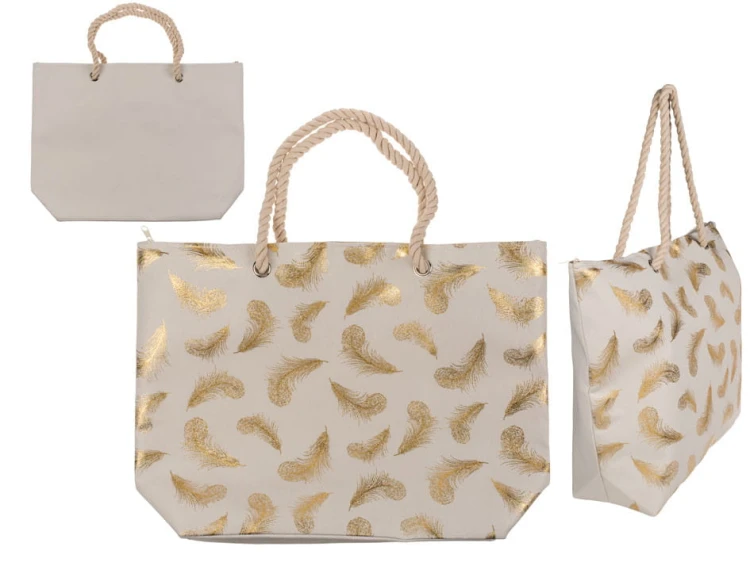 TORBA NA ZAKUPY SHOPER złote pióra beżowa STYLOWA .jpg