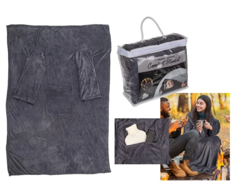 KOC z rękawami i kieszenią KOCYK Z KIESZONKĄ SZARY .jpg