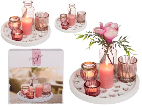 Drewniana podstawka ze świecznikami - róż i złoto .jpg