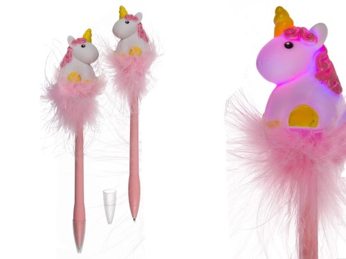 Długopis jednorożec z LED i futerkiem Mix Wzorów Świeci 1