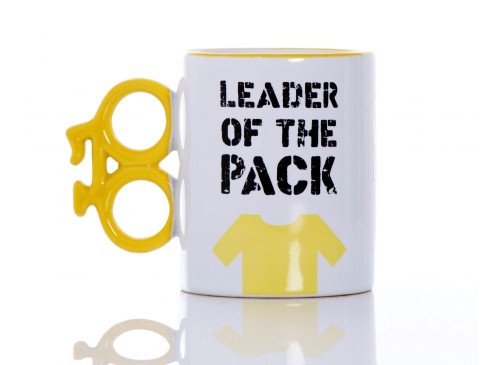 KUBEK ROWERZYSTY UCHO ROWER NAPISAMI ŻÓŁTY BIAŁY