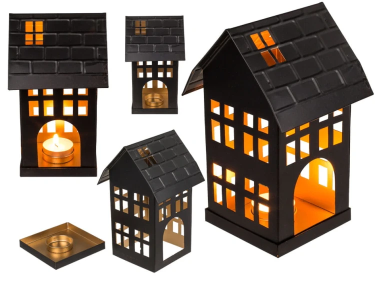 Metalowy domek na tealight roz. M Świecznik czarny .jpg