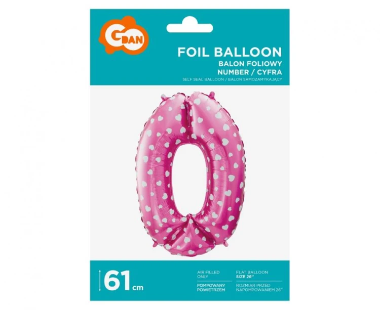 Balon foliowy "Cyfra 0", różowa w serca, 61 cm KK