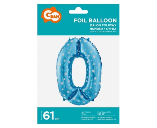 Balon foliowy "Cyfra 0", niebieska w gwiazdy, 61 cm KK