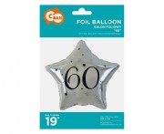 Balon foliowy "60" gwiazda srebrna, nadruk czarny, 19"