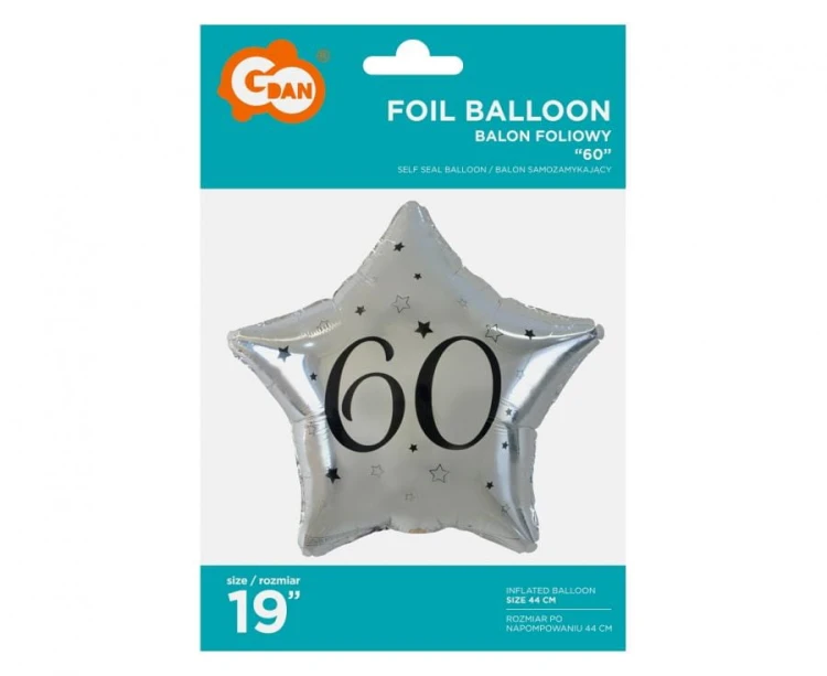 Balon foliowy "60" gwiazda srebrna, nadruk czarny, 19"