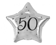 Balon foliowy "50" gwiazda srebrna, nadruk czarny, 19"