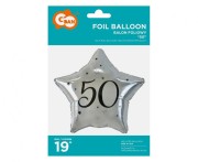 Balon foliowy "50" gwiazda srebrna, nadruk czarny, 19"
