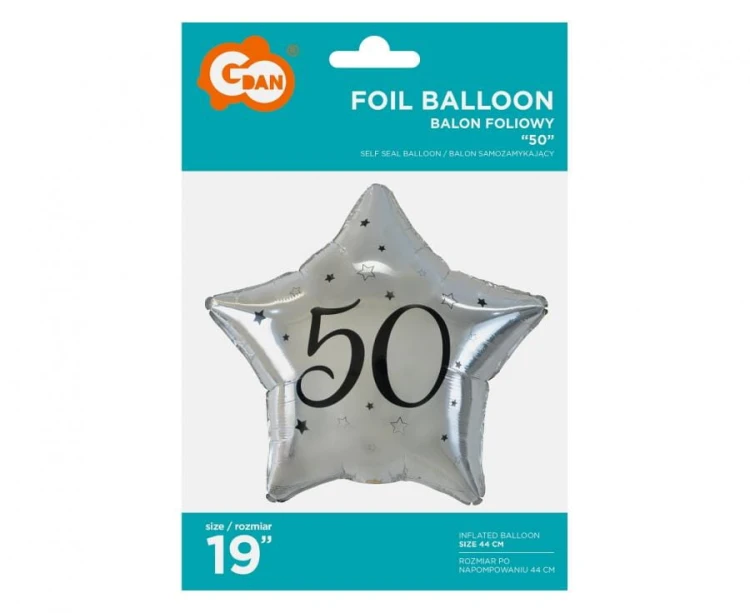 Balon foliowy "50" gwiazda srebrna, nadruk czarny, 19"