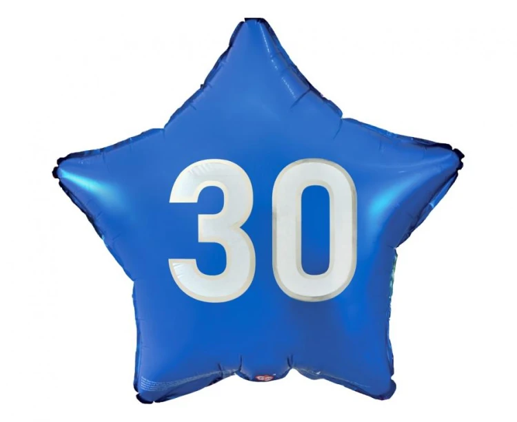 Balon foliowy "30" gwiazda niebieska, nadruk biały, 19" KK